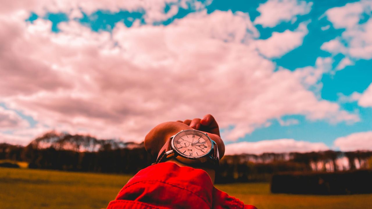 A closed hand reaches out from behind the camera, a watch on the wrist as the main focus, with a green expanse and blue sky in the background.