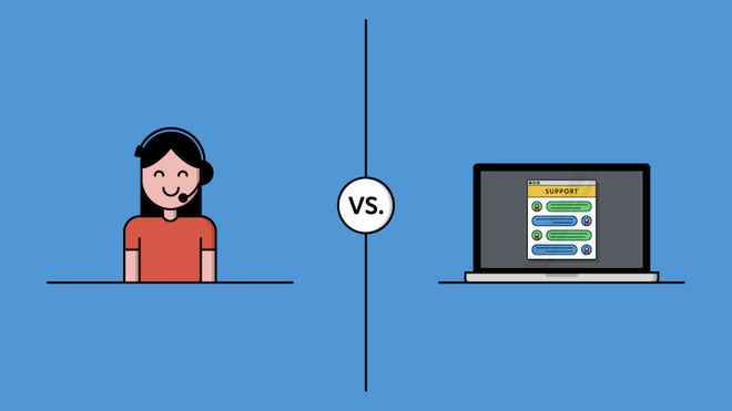 Cartoon image of a woman with a headset on the left and a laptop with chat window on the right