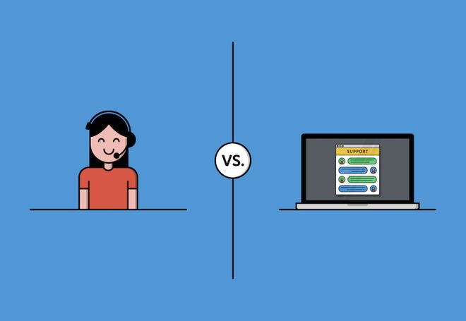 Cartoon image of a woman with a headset on the left and a laptop with chat window on the right