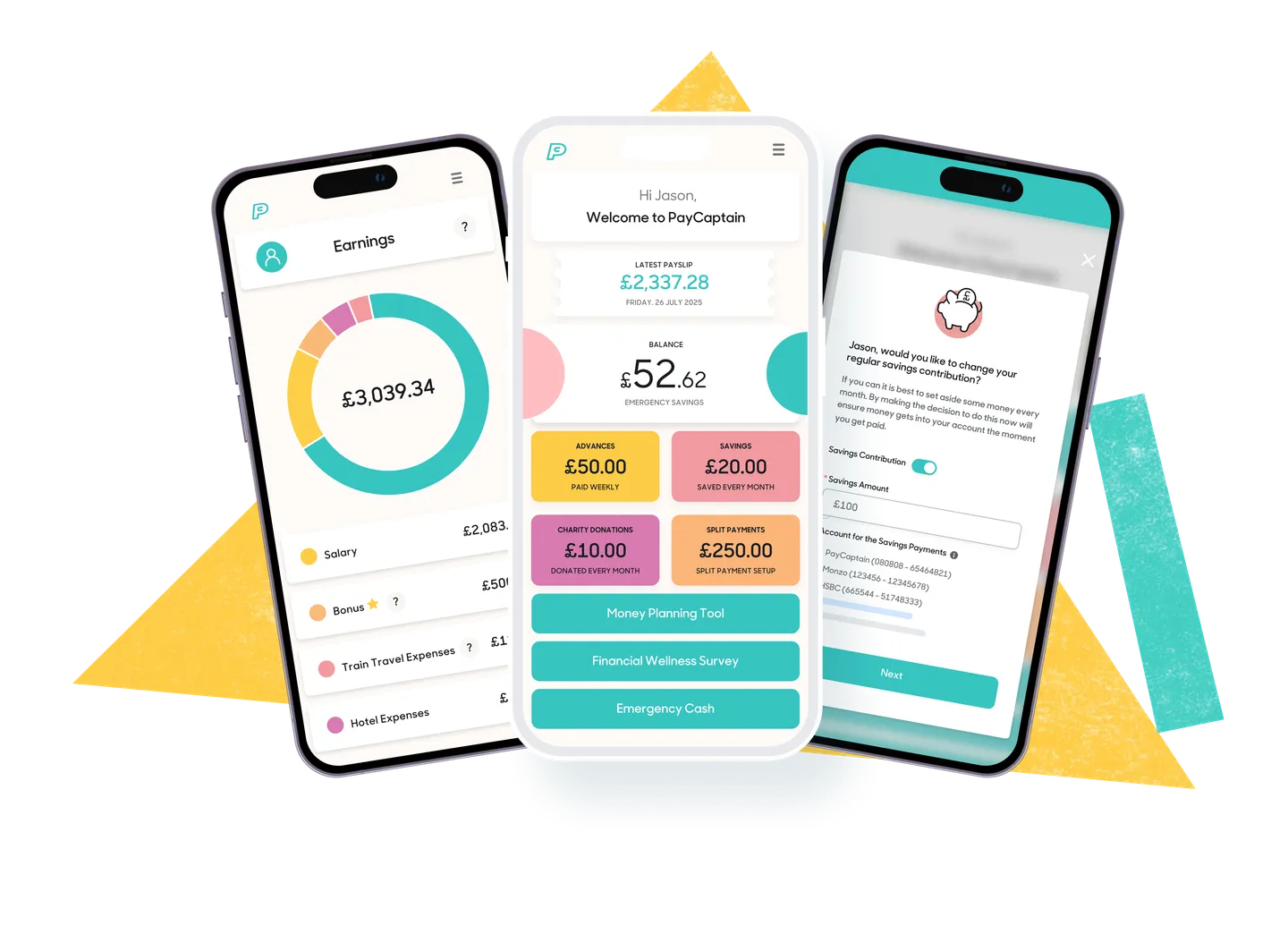Screenshots of PayCaptain on a mobile device