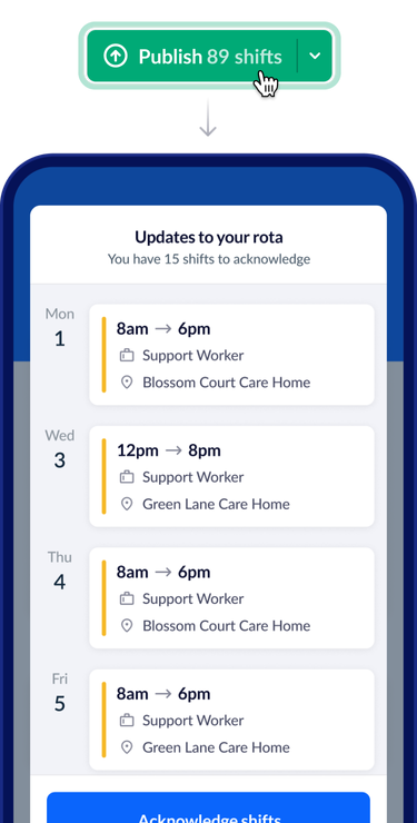 Publish 89 shifts button, and a list of rota updates containing 15 shifts, which the employee needs to acknowledge.