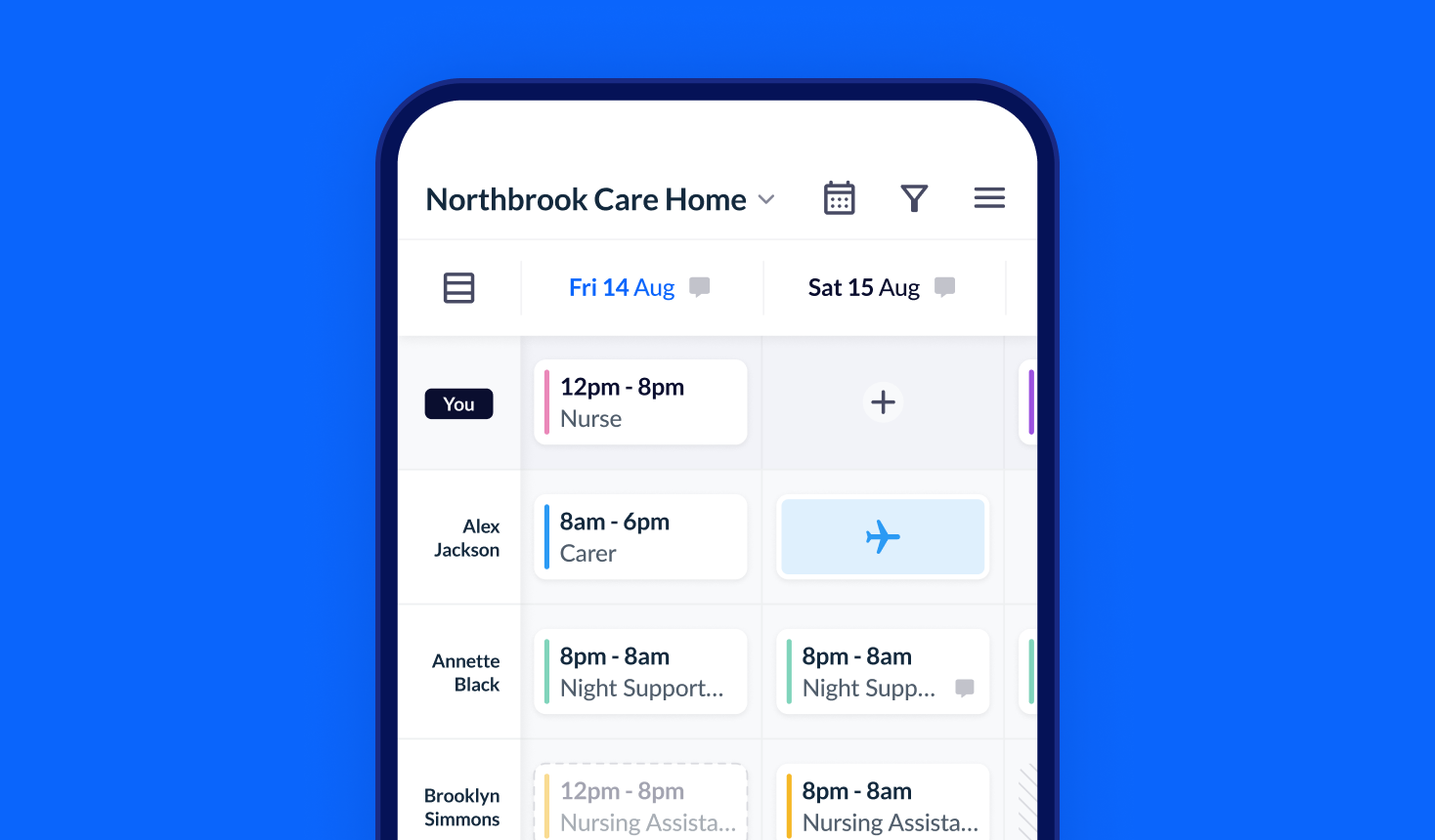 RotaCloud mobile app screenshot showing a Care Home rota that includes both shifts and annual leave