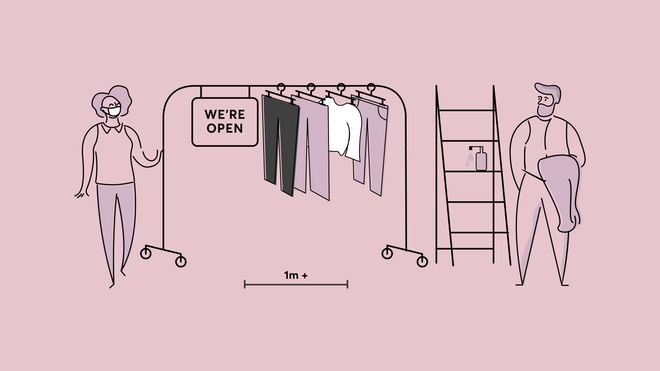 Cartoon of a clothing retail store with staff wearing face masks