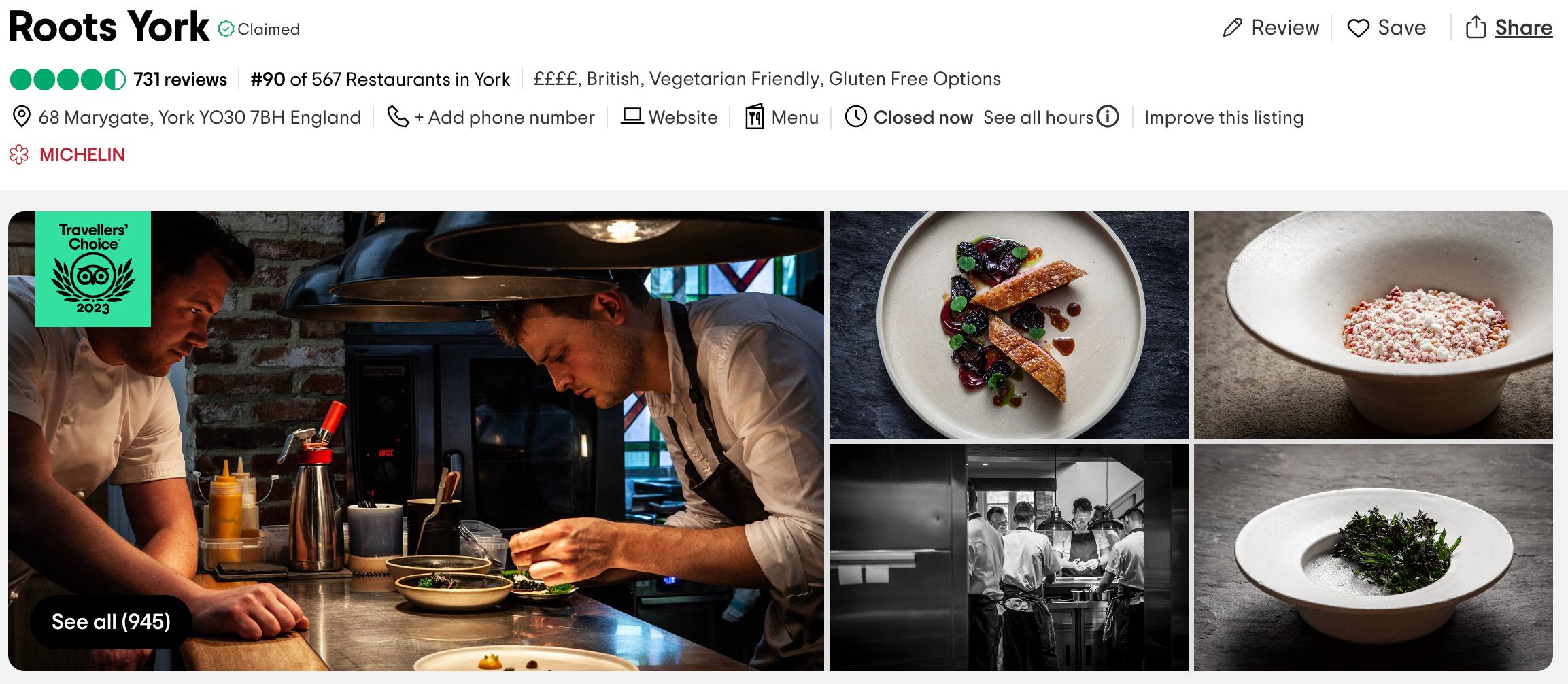 Screenshot of Roots York's TripaAdvisor listing. This high end restaurant has five carefully chosen photos at the top of the listing, showcasing chefs intricately plating food, as well as the end result - some beautiful plates of food in stark white crockery.