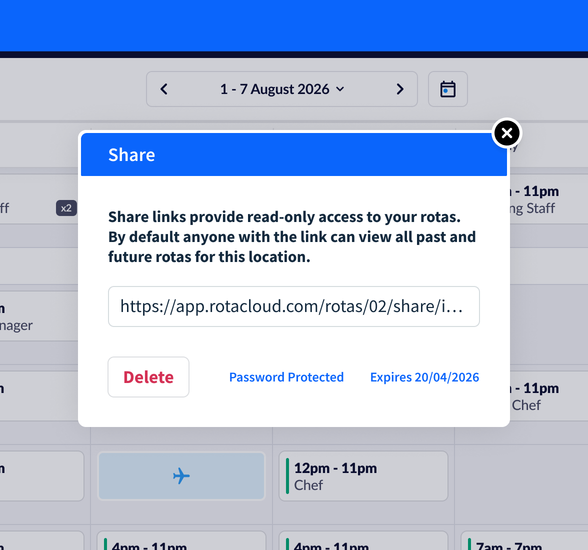 Share Rota screen with link url, Delete button, and blue notices of 'Password Protected' and 'Expireed 20/04/2023