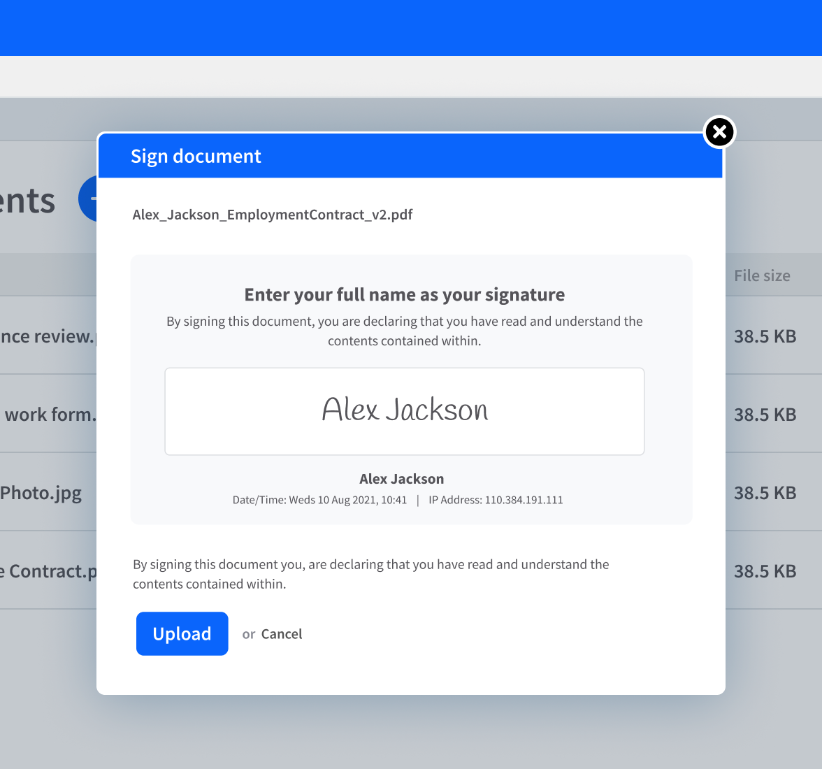 Document Signing screen showing area an employee can sign the document by typing and then uploading an image of their signature.