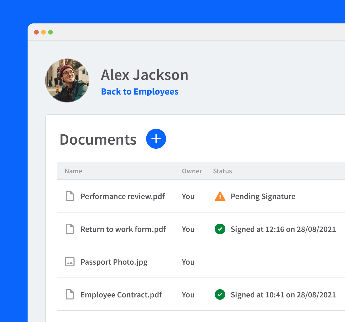 Document Signing screen showing list of documents for a user and highlighting ones that are not signed