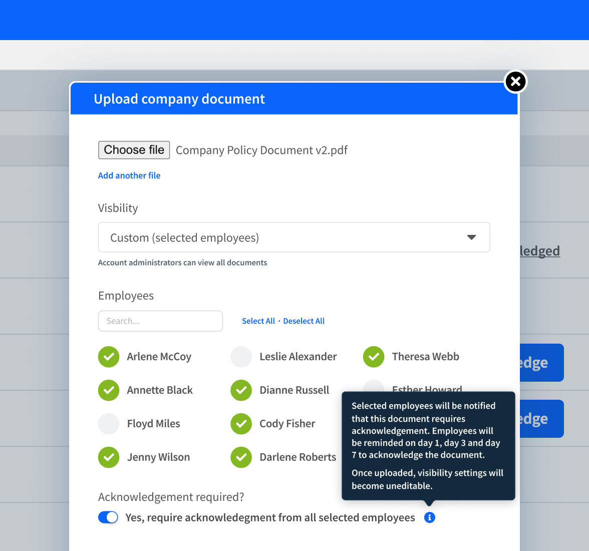 Upload company document screen with option to set visibility and which employees to share it with, followed by a button to require acknowledgement from selected employees.