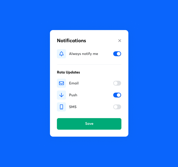 Notifications setting screen in RotaCloud with toggles for email, push, and SMS, with green Save button.