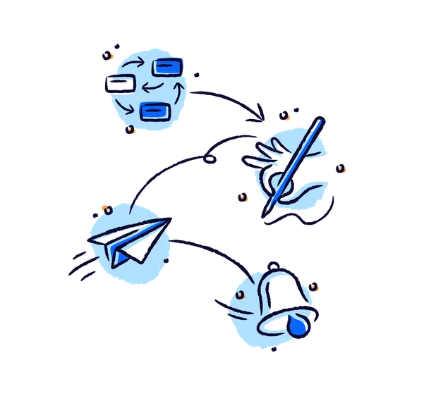 Hand-drawn doodles showing shifts swapping, a hand holding a pencil, a paper plane, and a notification bell.