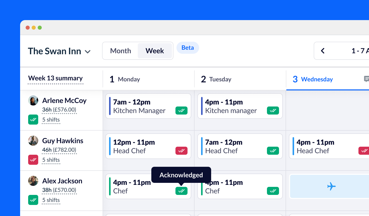 RotaCloud screenshot showing a rota for the Swan Inn, with various shifts for managers and chefs, with icons showing which shifts have been acknowledged by employees.