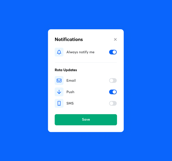 Notifications settings in RotaCloud, including an Always notify me slider, and options for how to receive updates - via email, push, and or SMS.