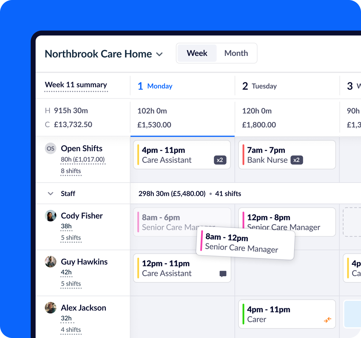 Rota screen in RotaCloud showing calendar containing shifts, employee names and a row of open shifts available to claim.