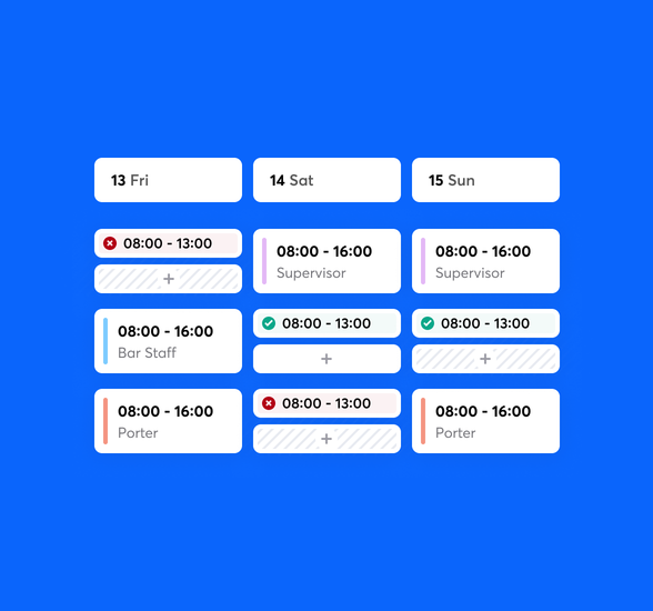 A typical staff rota showing shifts, staff unavailability in red, staff availability in green.