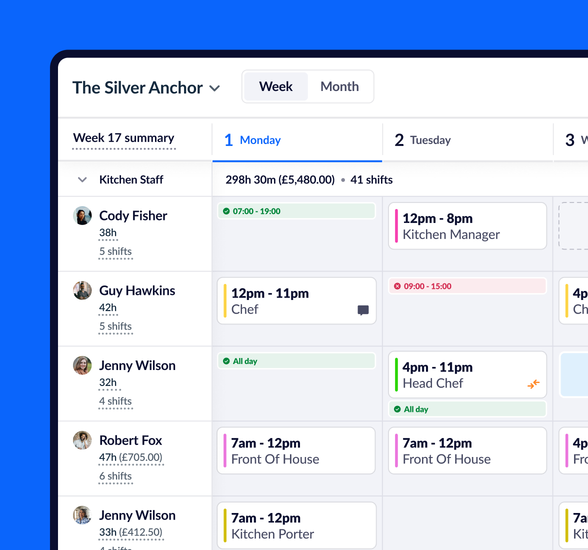A typical staff rota showing shifts, staff unavailability in red, staff availability in green.