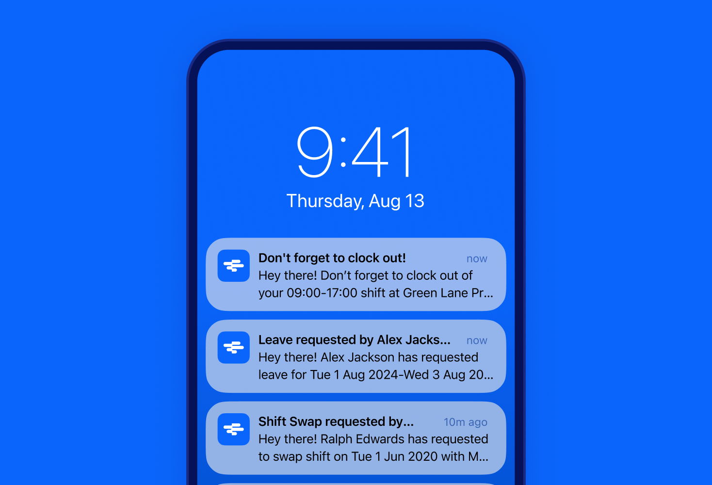 Smartphone screenshot showing various notifications (clock out reminder, leave request, shift swap request) from the RotaCloud app.