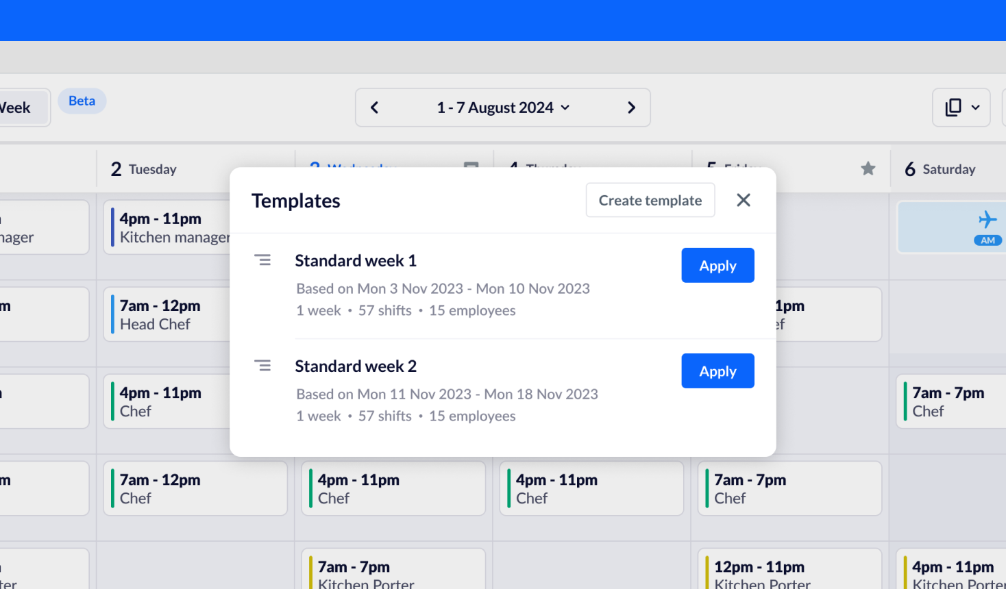 RotaCloud screenshot showing details of week long rota templates with options to apply an existing template or create a new template.