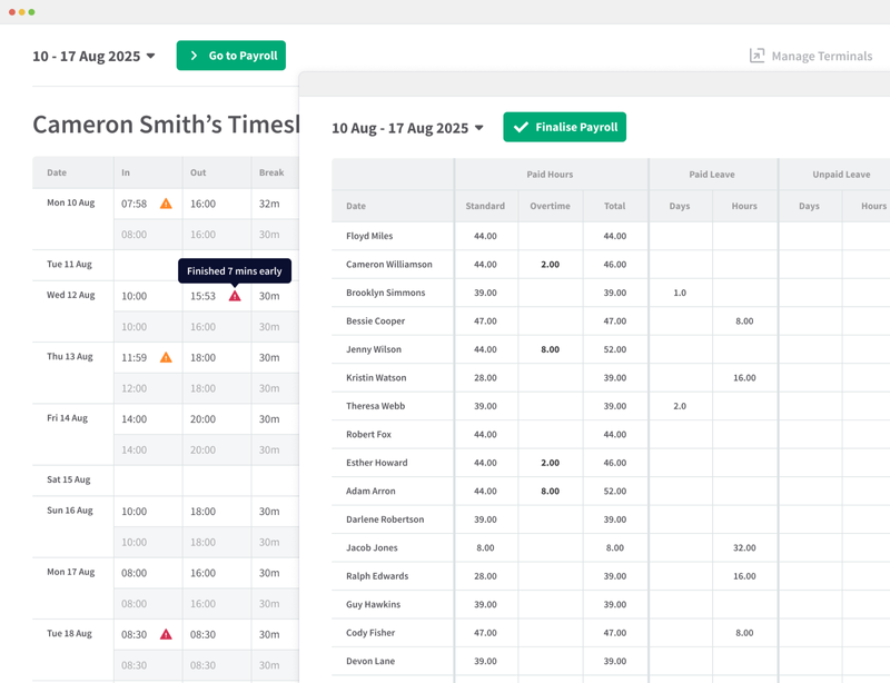 Two screens in RotaCloud, the first showing a timesheet for an employee, the second showing a payroll report.