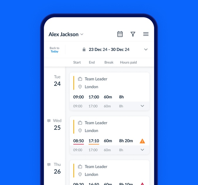 An employee timesheet in the RotaCloud app with discrepancies (including lateness) highlighted with an orange warning icon.
