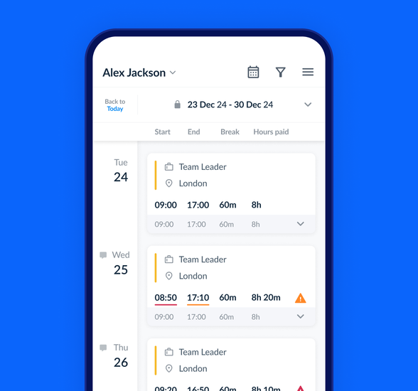 An employee timesheet in the RotaCloud app with discrepancies (including lateness) highlighted with an orange warning icon.