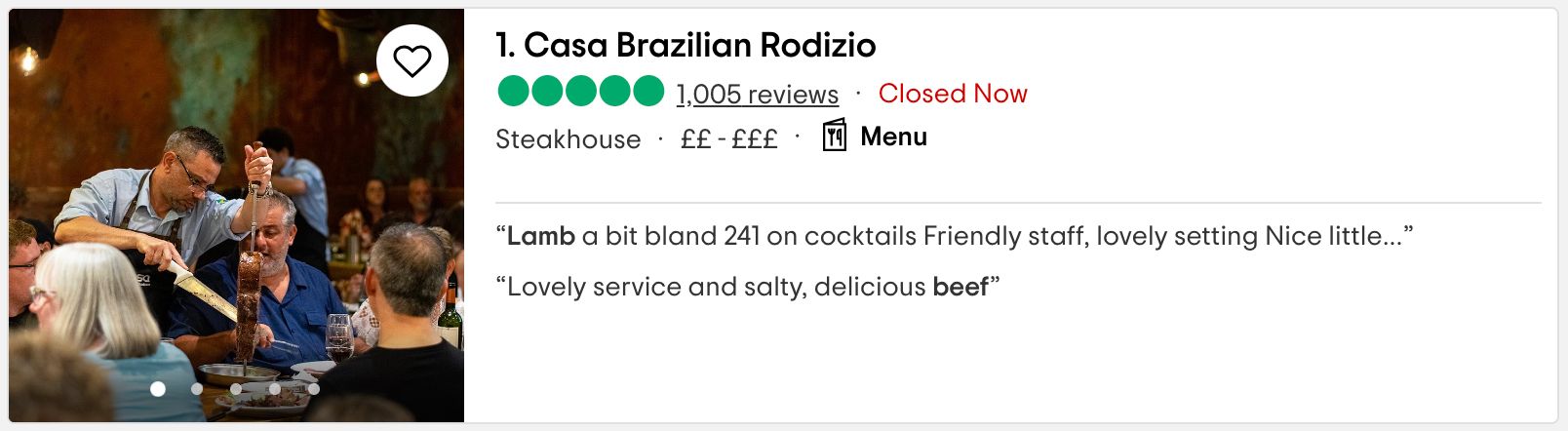 Screenshot from TripAdvisor's list of top restaurants in York, showing Casa Brazilian Rodizio ranked first, with 1005 reviews totally five stars, plus some info on restaurant type, opening times, price, a link to the menu, and some quotes from reviewers.