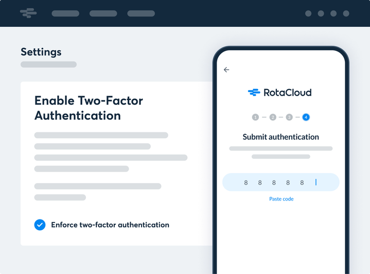 A screenshot of a settings page in RotaCloud, giving the option of enabling two factor authentication, and enforcing it, along with a preview of how to unlock the RotaCloud mobile app using two-factor authentication.