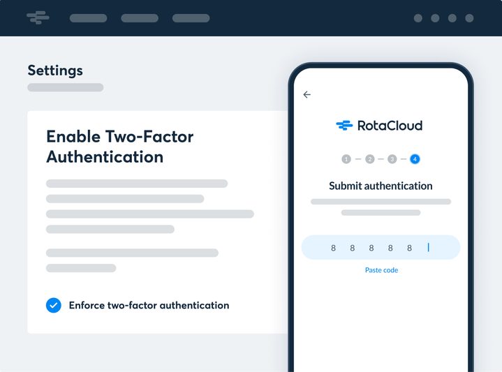 A screenshot of a settings page in RotaCloud, giving the option of enabling two factor authentication, and enforcing it, along with a preview of how to unlock the RotaCloud mobile app using two-factor authentication.