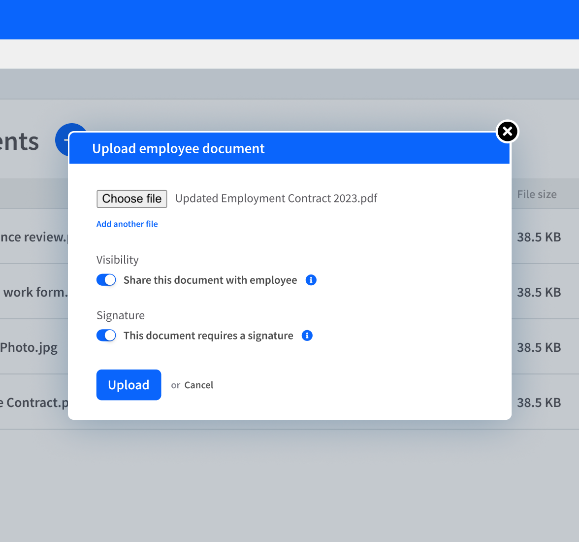 Upload employee document screen with option to upload a file with the option to share with the employee and an option to mark it as requiring a signature.