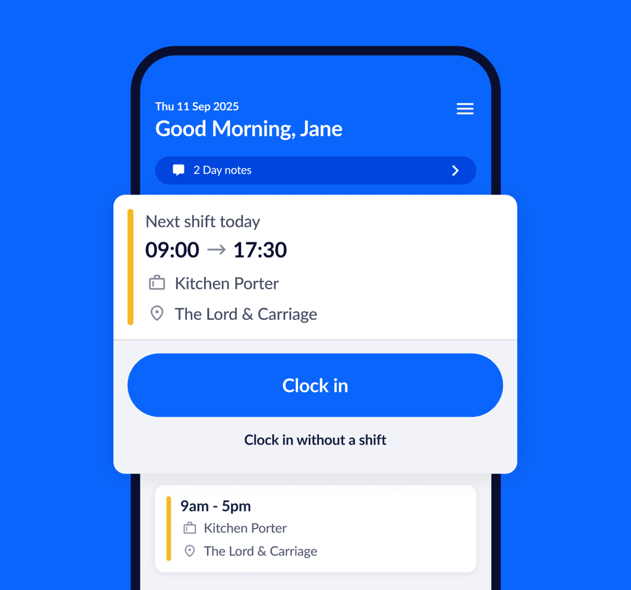 A shift clock-in prompt on a smartphone screen with ‘Clock in’ button, with shift time, role and location.
