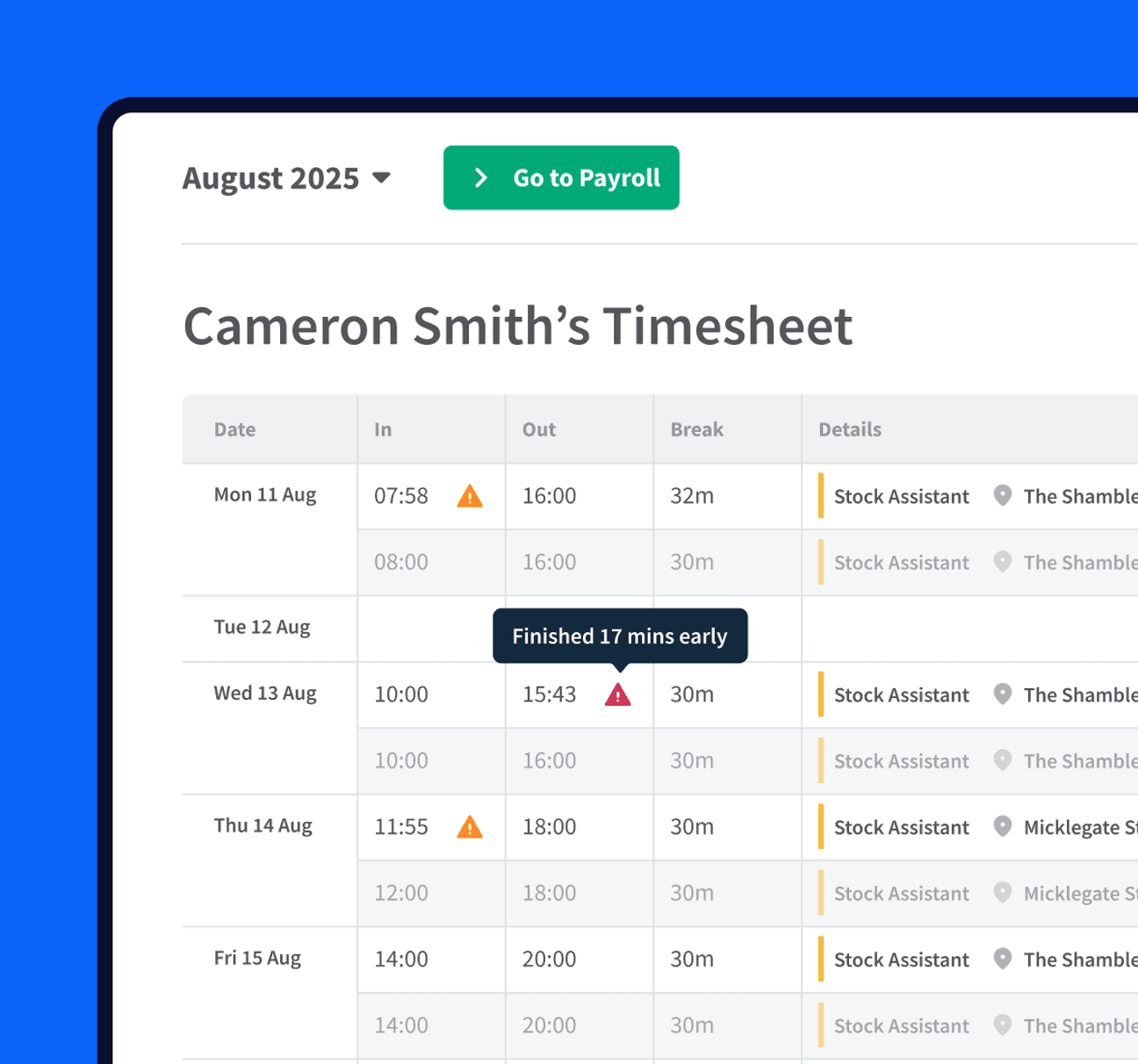 A monthly employee timesheet with shift times alongside clock-in times and late starts/early finishes marked with warning icons.