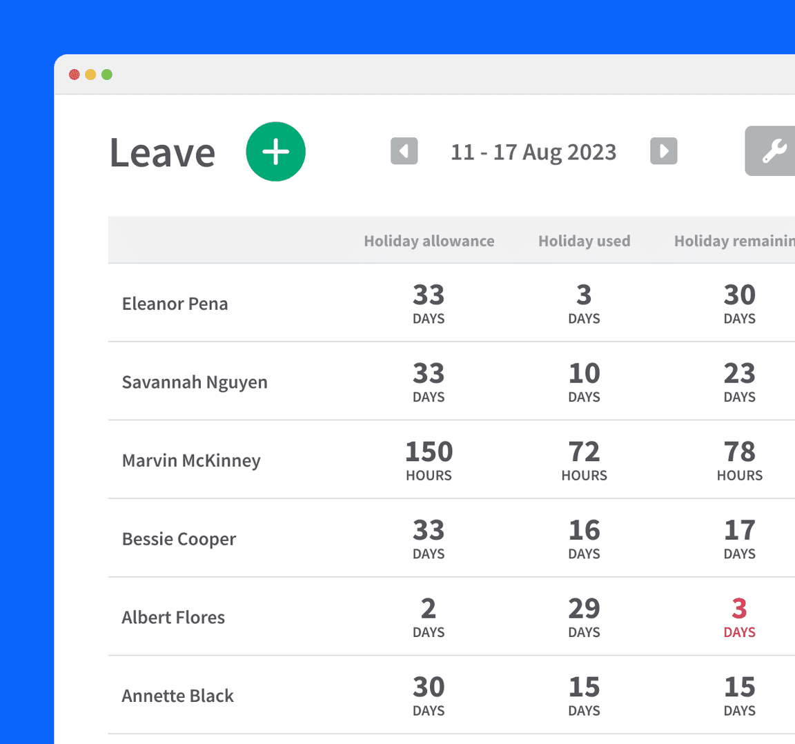 Three employees with their total annual leave allowances, leave used, and remaining leave.