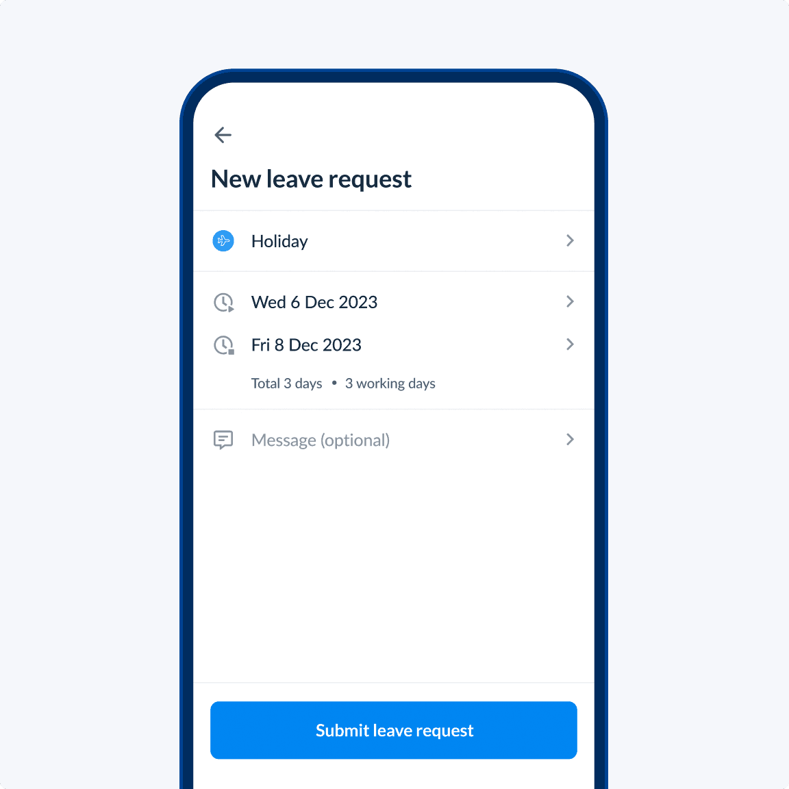 A leave request screen in RotaCloud as seen by an employee.