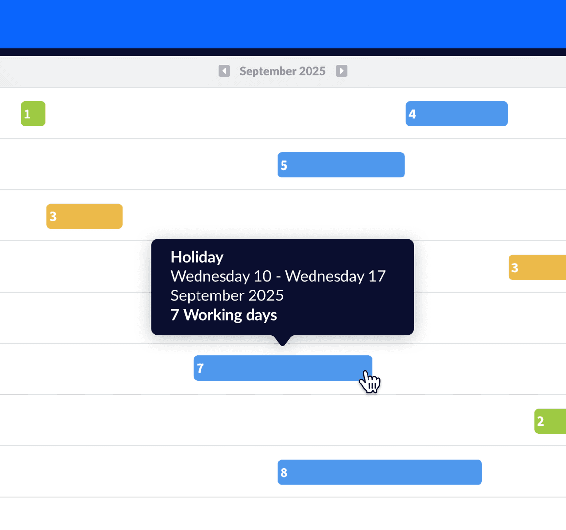 A monthly view of leave in RotaCloud, with colour coded blocks for different types of leave. The user has highlight a block of holiday lasting seven working days.