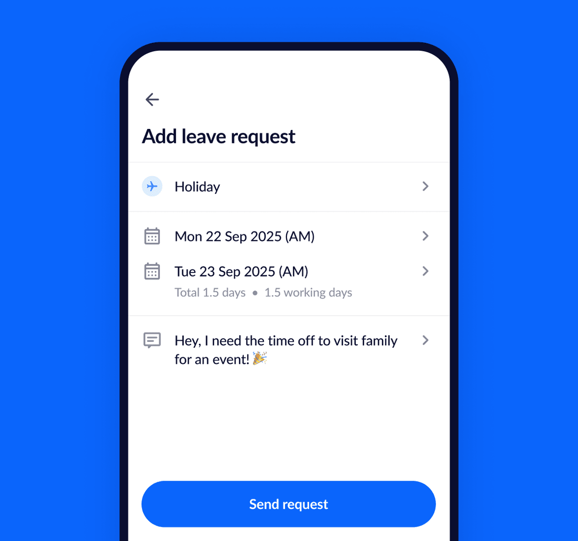 A screenshot of the RotaCloud app showing an employee requesting holiday, including dates and a message to their manager.