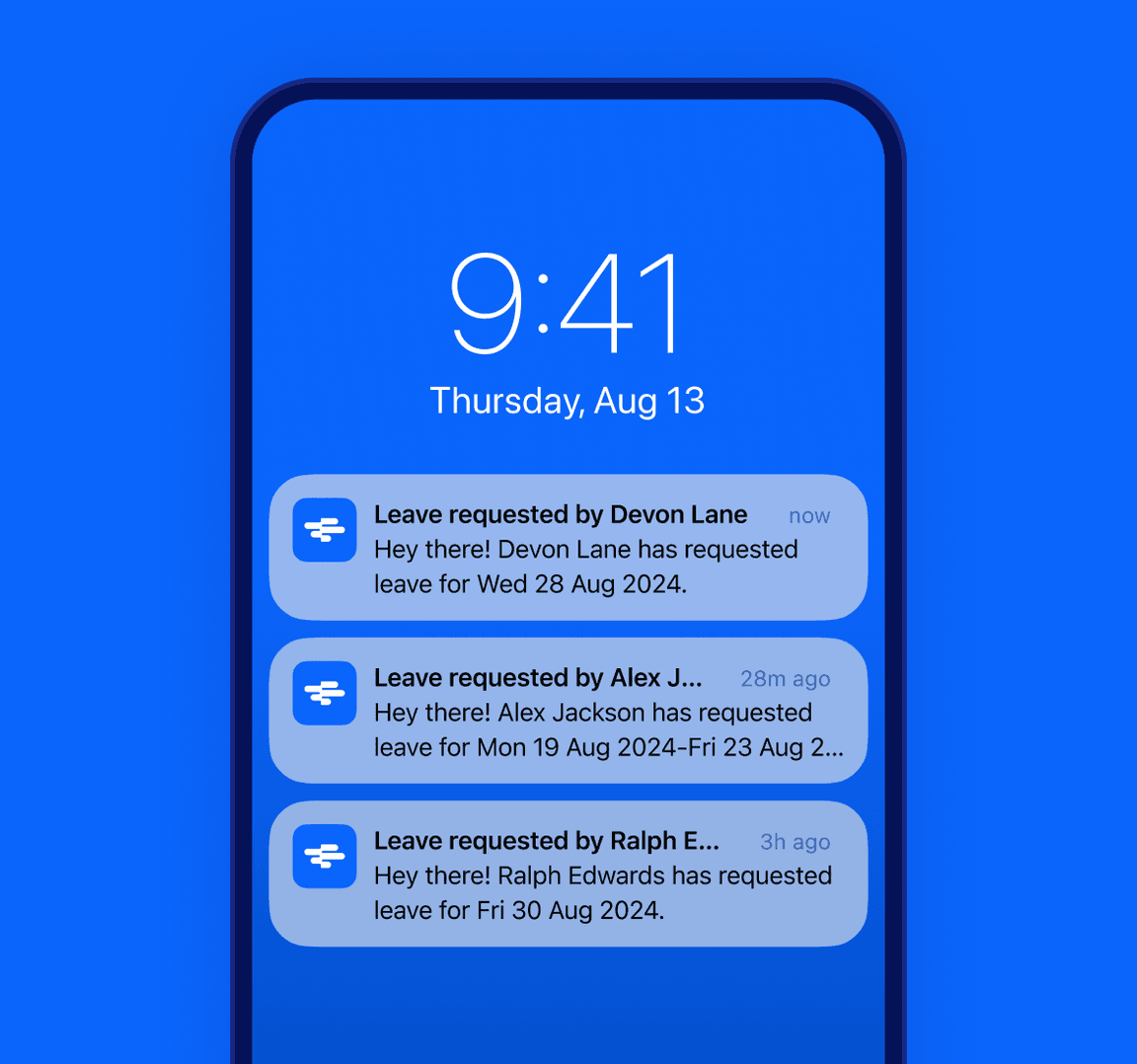Leave request push notifications received by a manager on a smartphone.