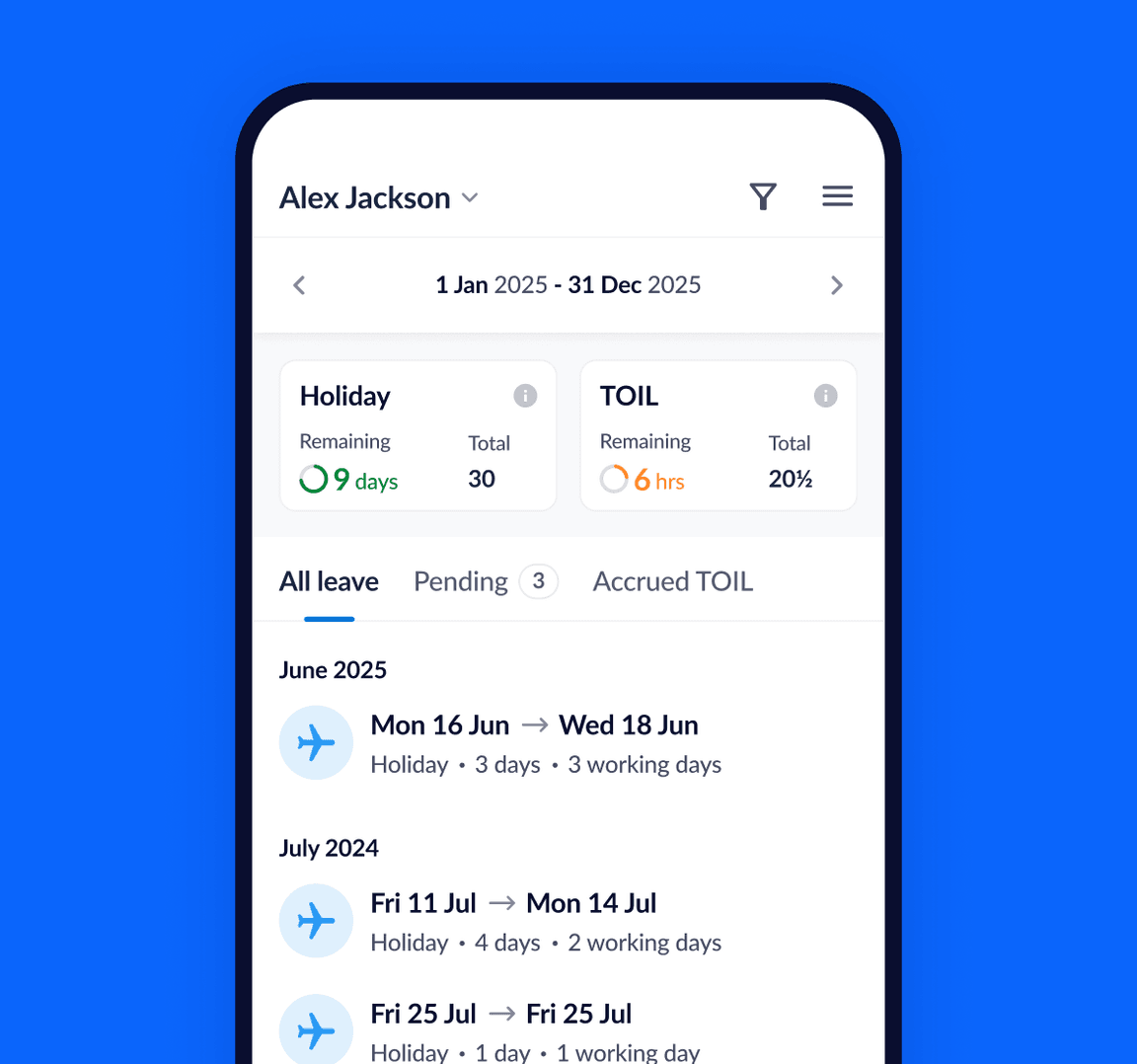 A screenshot of the RotaCloud mobile app showing an employee their holiday and time off in lieu records, including their leave allowance, leave remaining and any pending leave requests.