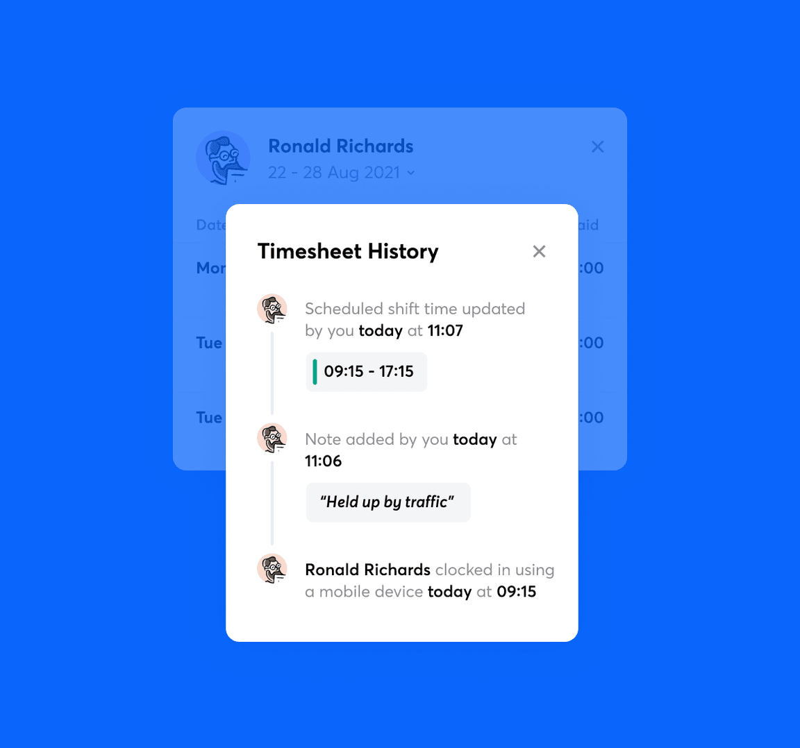 A timesheet history record in RotaCloud showing employee clock-in time, manual adjustments, and note added. 