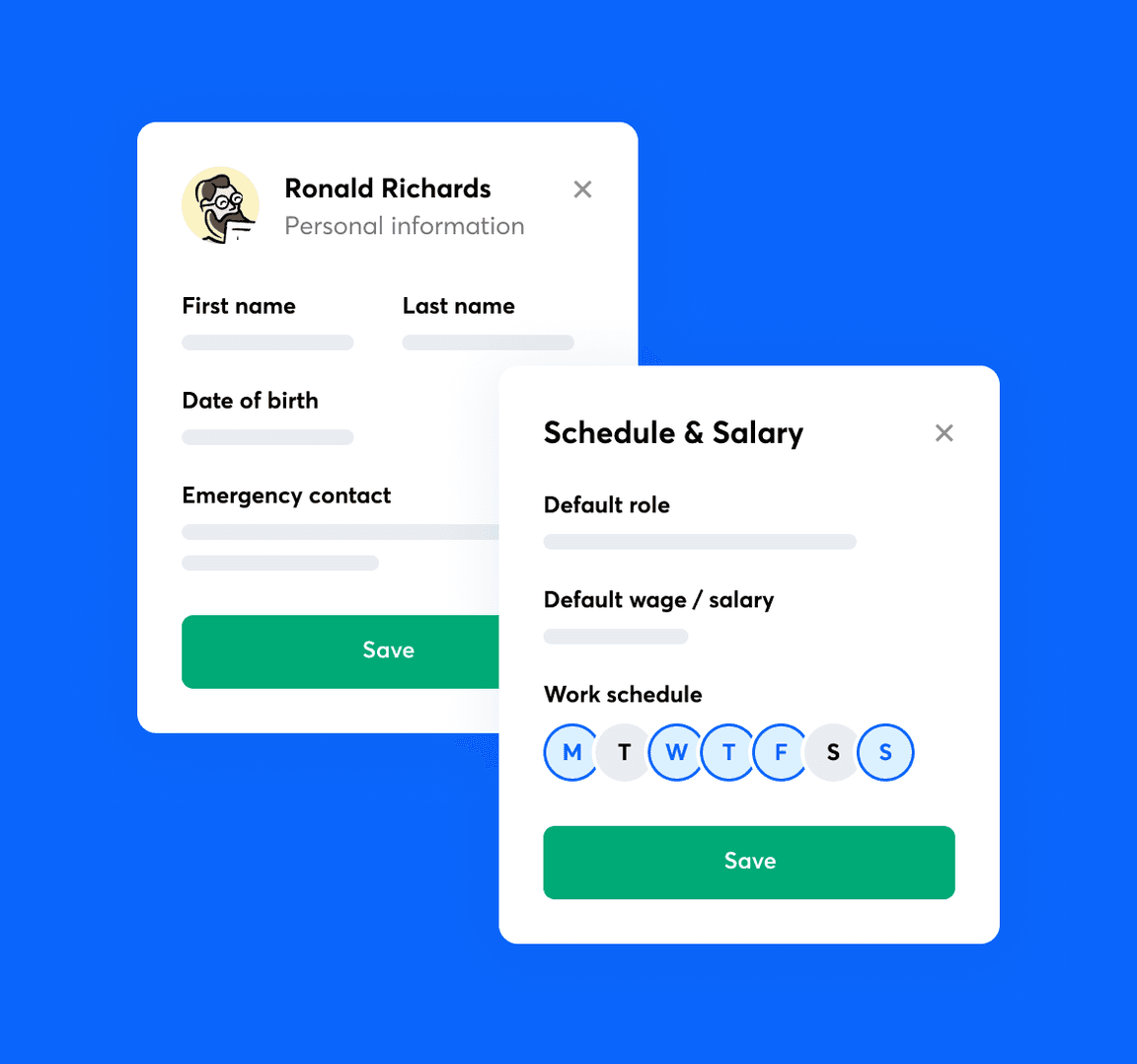 Employee profile screens with name, date of birth, default wage and work schedule fields.