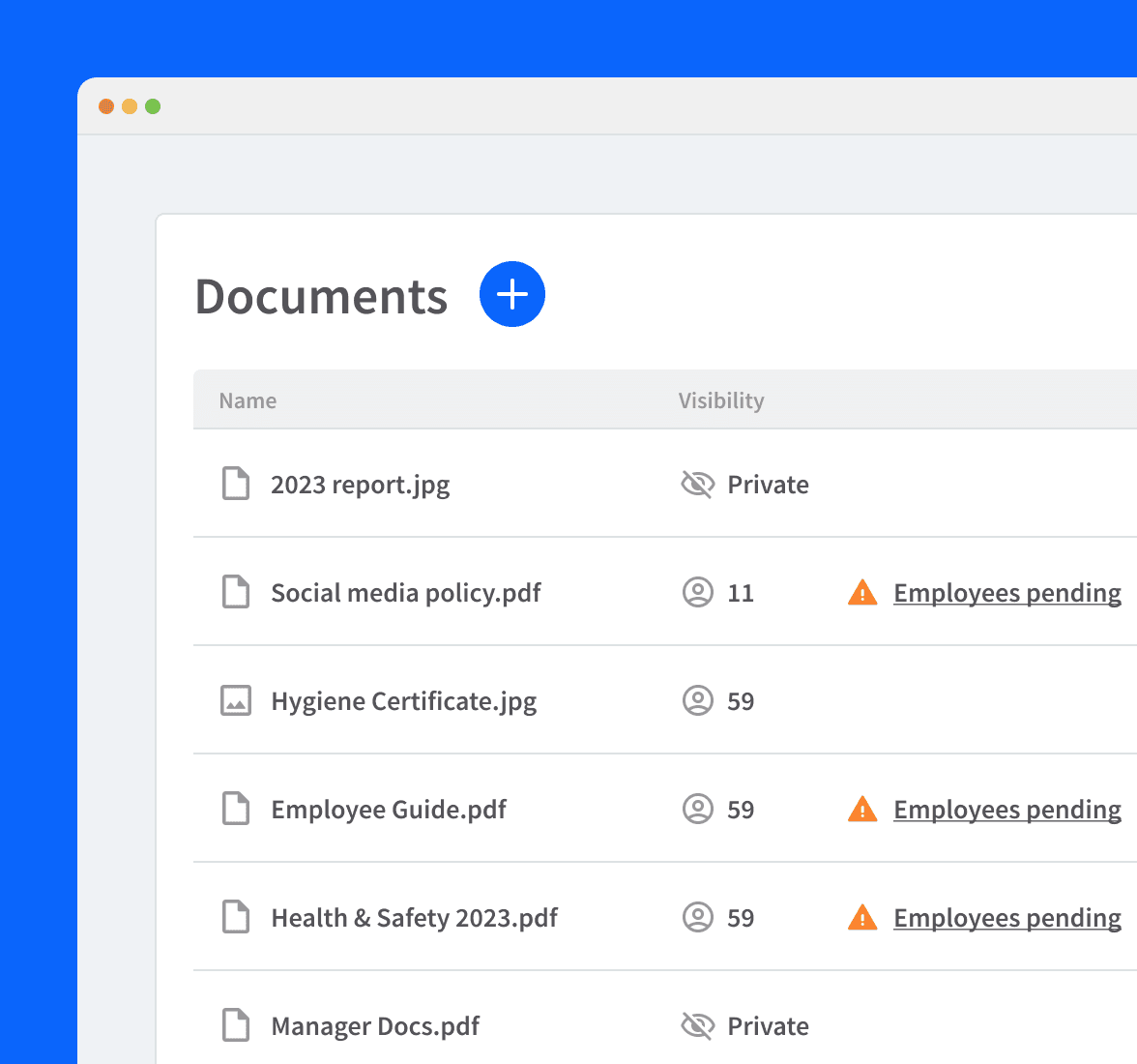 Employee document storage screen in RotaCloud with list of stored documents (such as hygiene certificates and manager docs), the visibility of each document and if the document has been signed or acknowledged.