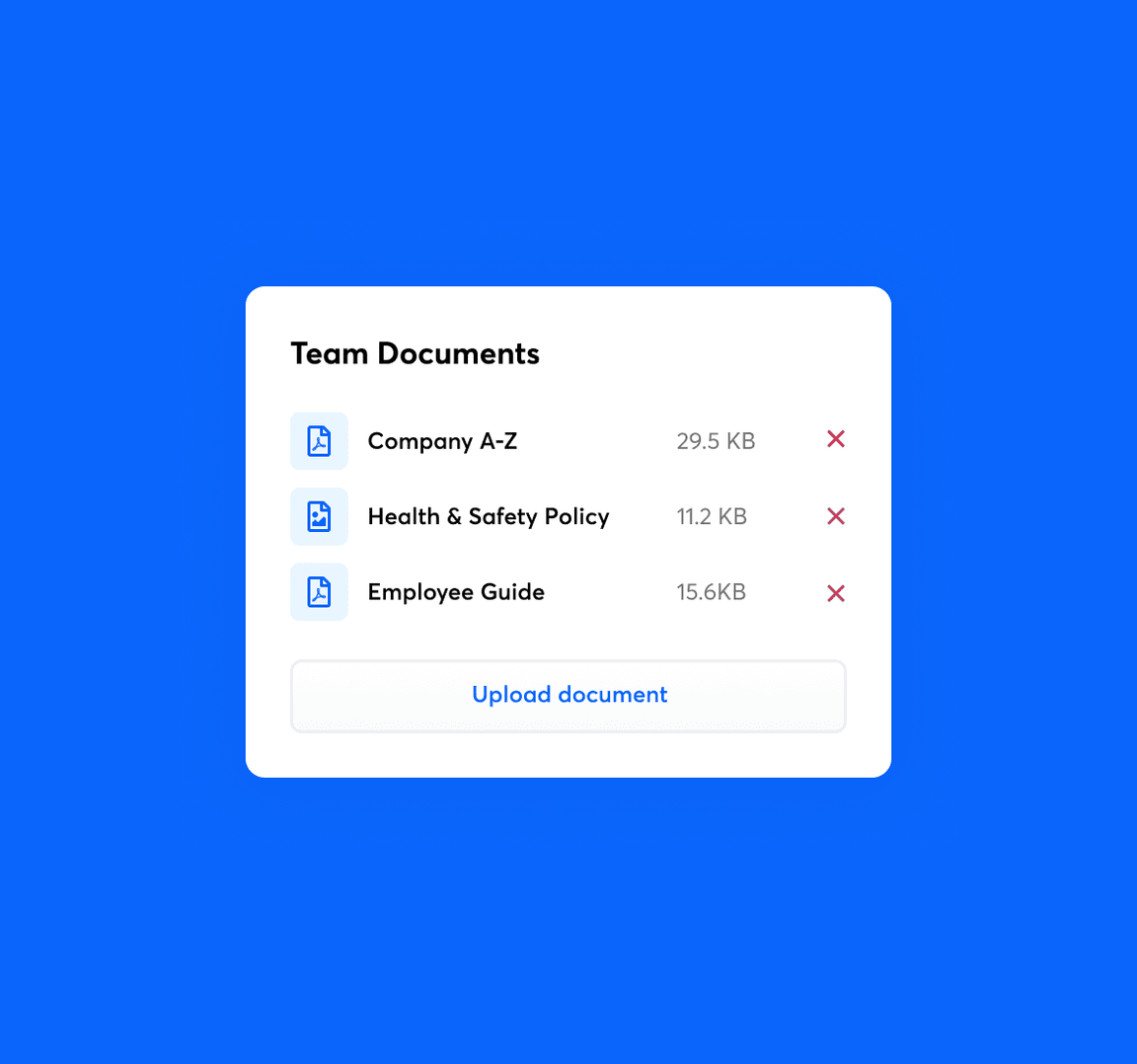 Team Documents screen in RotaCloud showing stored files: Company A-Z, Health & Safety Policy, Employee Guide.