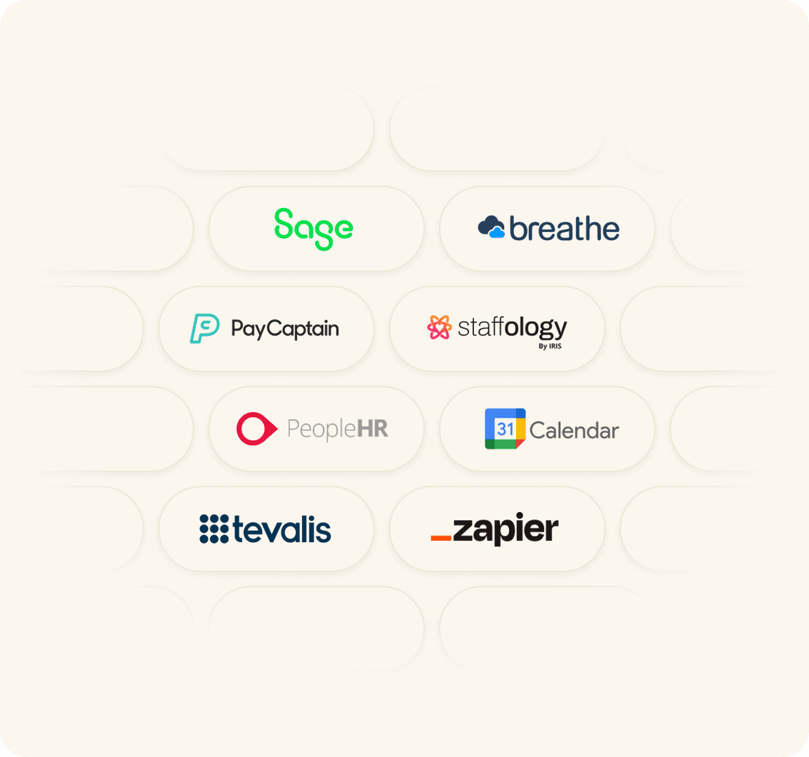 Black RotaCloud logo surrounded by circling stars, arrows, and logos for Sage and Zapier.