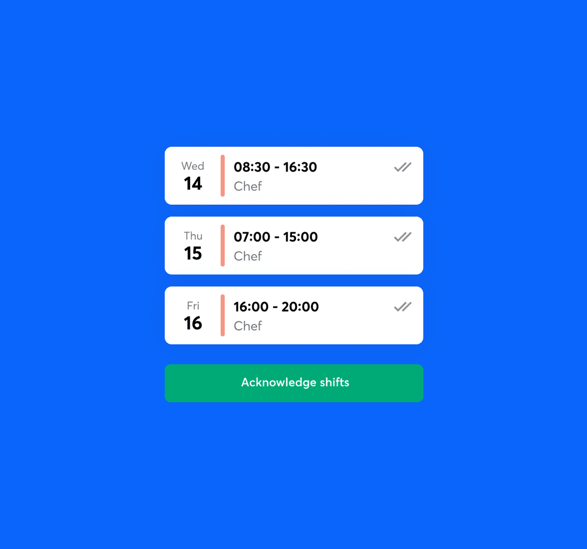 Three shifts for a chef role with a green 'Acknowledge shifts' button.