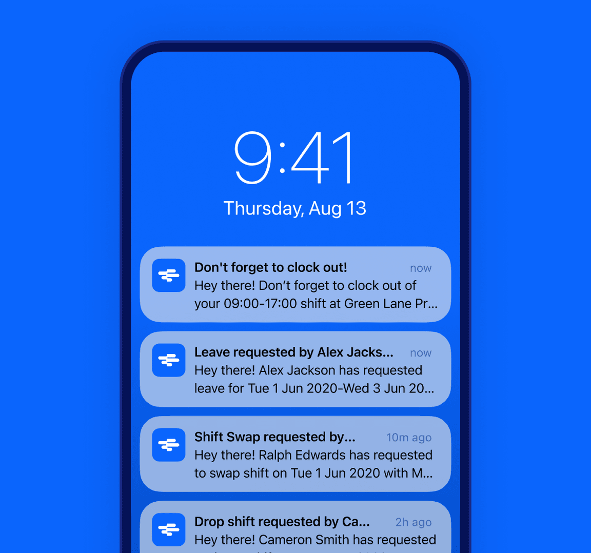 Selection of push notifications received by employees in RotaCloud showing open shift and clock out reminders, and a shift swap request.