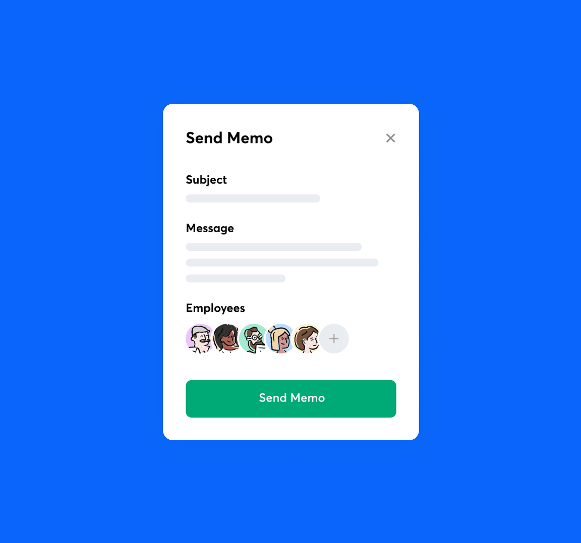 A memo creation screen in RotaCloud containing subject line, message box, recipients, and green Send Memo button.