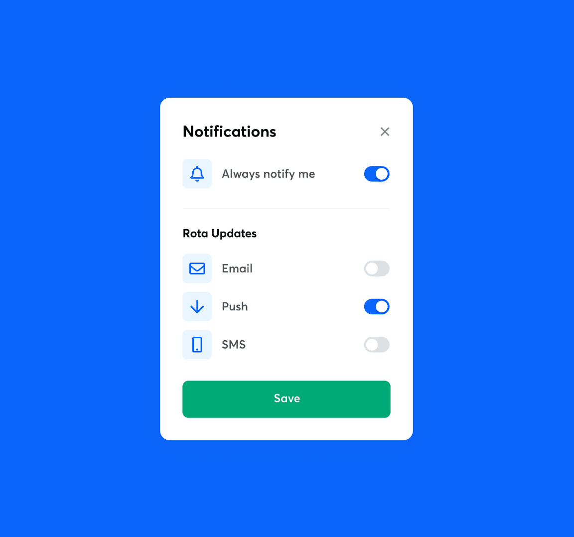  Notifications setting screen in RotaCloud with toggles for email, push, and SMS, with blue Save button.