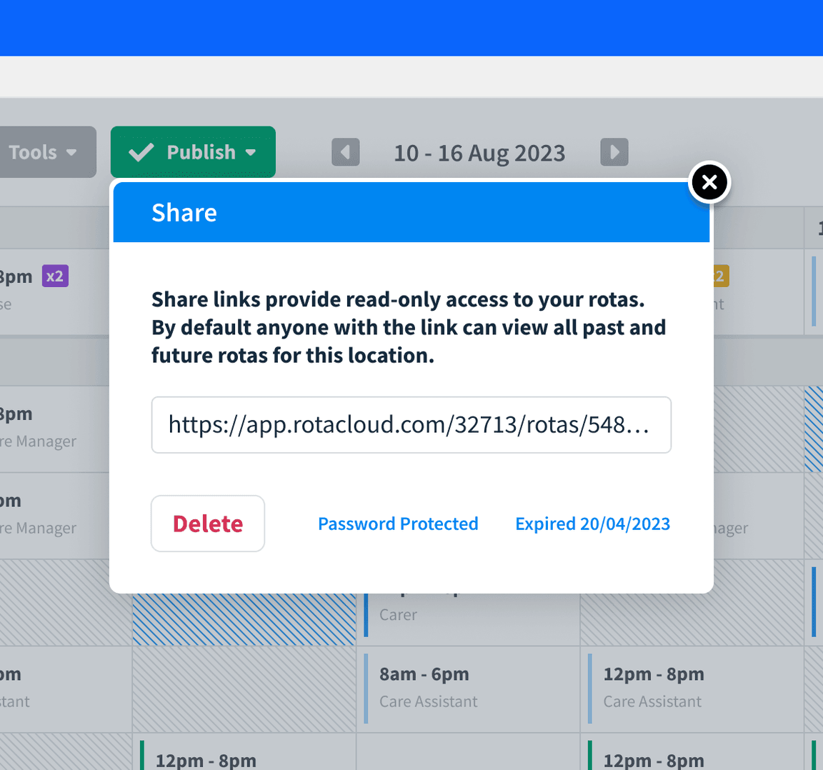 Share Rota screen with check boxes, Expiry date field, and blue Create and copy link button.