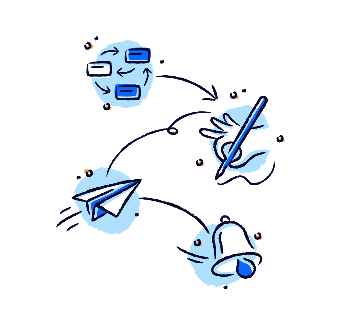 Hand-drawn doodles showing shifts swapping, a hand holding a pencil, a paper plane, and a notification bell.