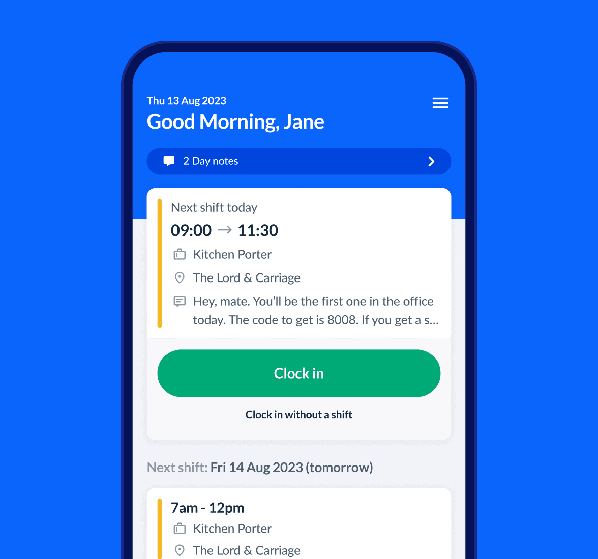 RotaCloud home screen on a mobile device showing today's shift, tomorrow's shift, and a clock in button.