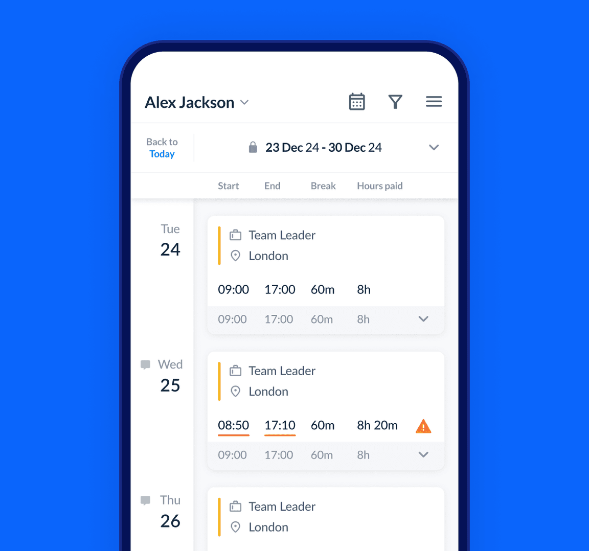 Mobile view of an employee timesheet.