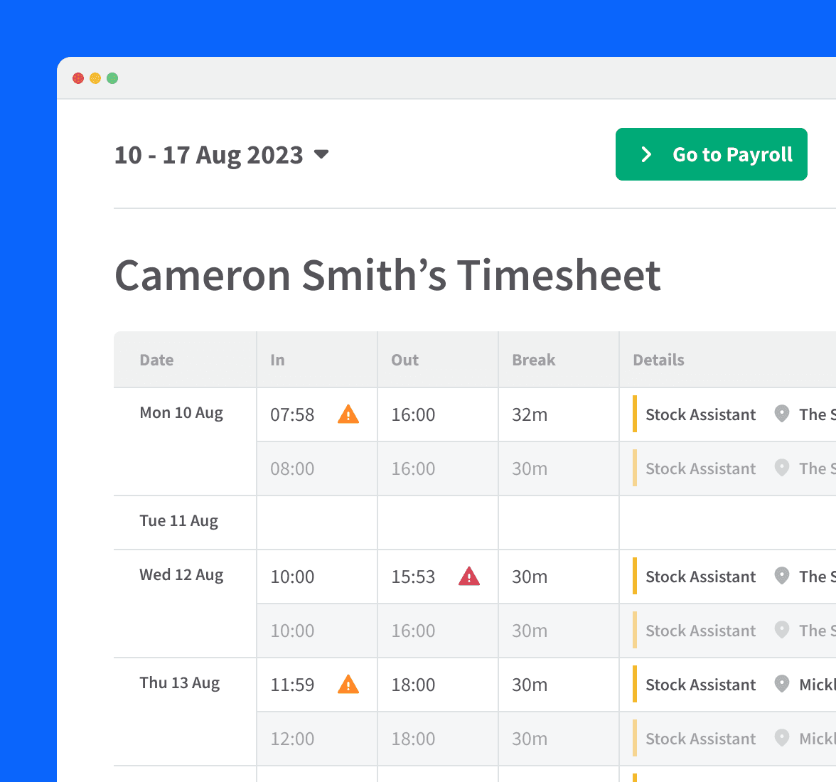 Staff timesheet showing details of clocking in and out times and break lengths. Clocking in records are flagged where an employee has clocked in early or late.